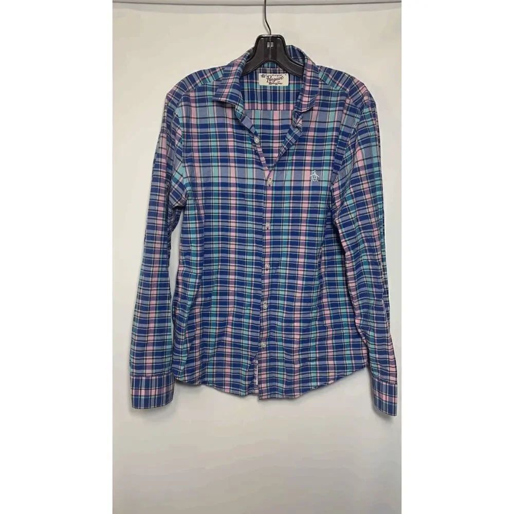 Penguin Long Sleeve Plaid Button Down Shirt Size Medium
